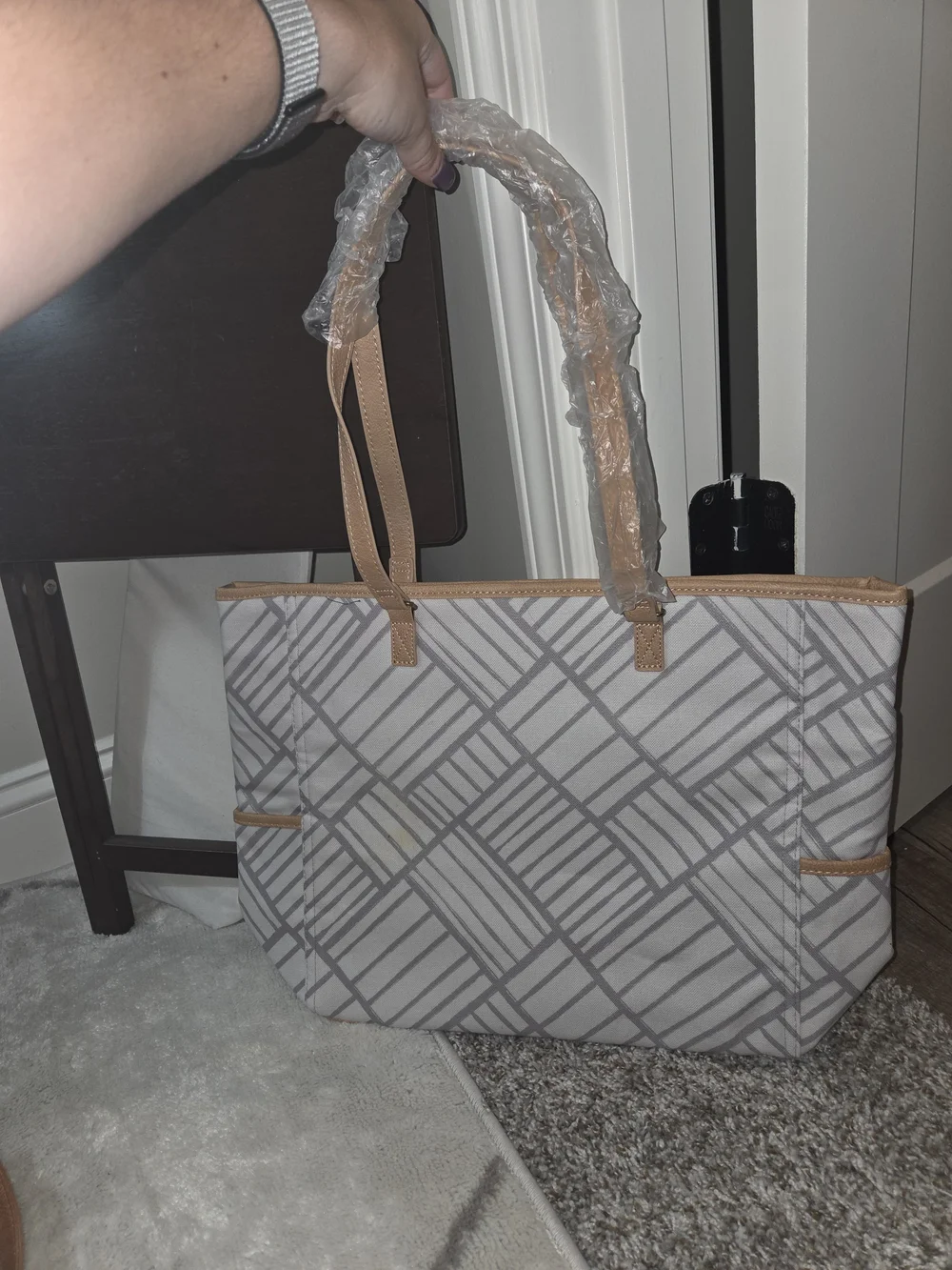 Gray Patterned Tote with Tan Trim